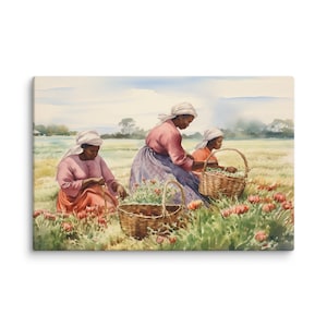 Gullah Art | Original Watercolor Painting | Flower Gathering | Canvas Print