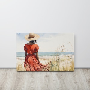 Gullah Art | Original Watercolor Painting | Red Dress by the Sea | Canvas Print