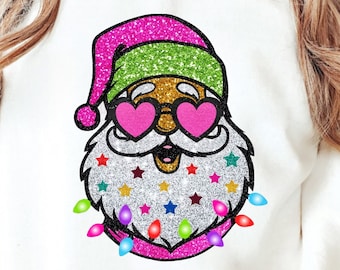 Santa with Sunglasses PNG Christmas PNG Cute Christmas Shirt Digital Design Cheerful Sparkly Glitter Christmas Lights Pink Santa PNG