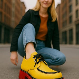 May include: Yellow leather shoes with a red sole and black laces. The shoes have a black trim and a chunky sole. The shoes are a bold and stylish choice for everyday wear. The shoes are a size 8.