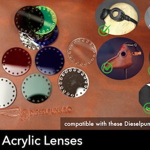 May include: A set of eight 48 mm acrylic lenses in various colors, including clear, green, blue, red, and silver. The lenses are compatible with Dieselpunk.ro patterns.