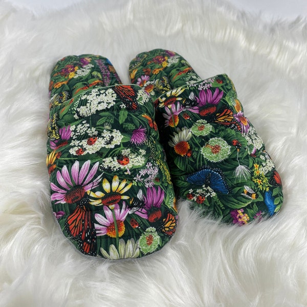 Quilted house slippers, unisex—wild flowers-lush field, machine washable, nonslip sole, light, stylish, durable—free shipping contiguous US