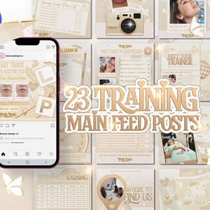 Puede incluir: Un collage de 23 publicaciones de Instagram que promocionan un programa de formación en estética. Las publicaciones presentan imágenes de modelos, materiales de formación y texto que dice "23 Training Main Feed Posts".