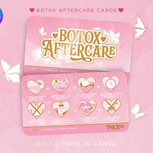 Szablon Canva karty opieki po zabiegu Botox. Różowo-złoty luksus, 3,5" x 2" wizytówki, estetyka, kosmetyczka, wstrzykiwacz, kosmetyczka.