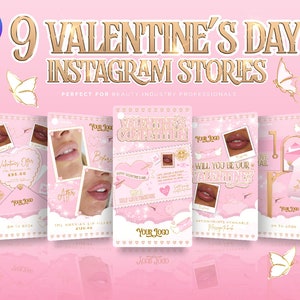 Valentine&#39;s Day Instagram Story Templates. DIY Canva Editable Stories, Pink & Gold For Beauty, Aesthetics, Lash Tech, Hair, Nails, Sale