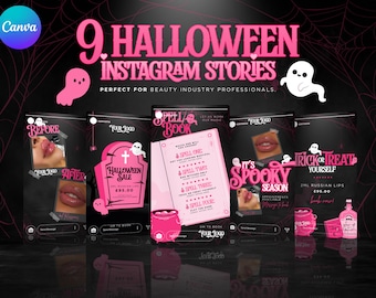 9 Halloween-Instagram-Story-Vorlage. Bearbeitbares Canva in Rosa und Schwarz für Schönheit, Ästhetik, Wimperntechniker, Haare, Nägel, Halloween-Verkaufsflyer