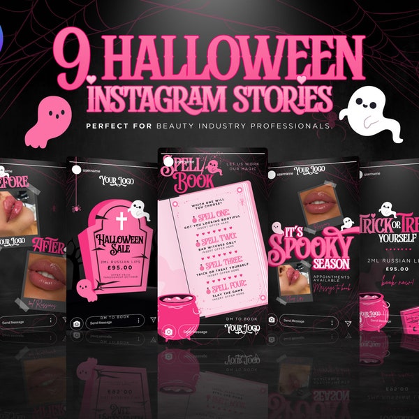 9 Halloween Instagram Story Template. Pink & Black Editable Canva For Beauty, Aesthetics, Lash Technician, Hair, Nails, Halloween Sale Flyer
