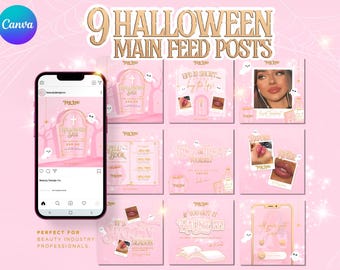 9 Halloween Instagram Post Vorlagen. Pink & Gold bearbeitbare Canva für Schönheit, Ästhetik, Wimpern Techniker, Haare, Nägel, Halloween Sale Flyer