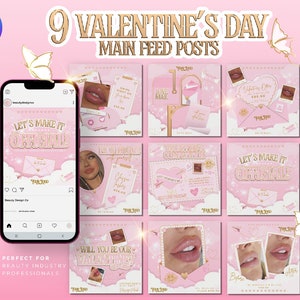 Valentine&#39;s Day Instagram Templates. DIY Canva Editable Posts, Pink & Gold For Beauty, Aesthetics, Lash Technician, Hair, Nails, Sale, Flyer