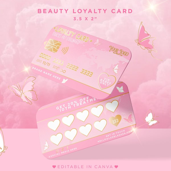 Loyalty Card Credit Card Template. Pink & Gold Beauty Loyalty Card. Customisable On Canva, Aesthetics, Esthetician, Lash Tech, Hair, Nails.