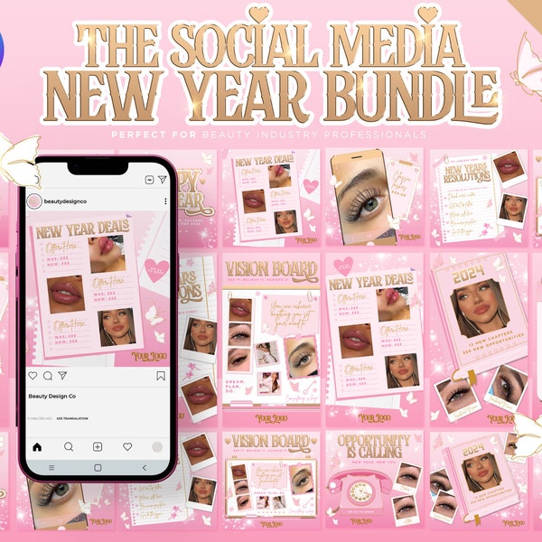 New Year Instagram Bundle Templates. DIY Canva Editable Posts, Pink & Gold Beauty, Aesthetics, Lash Technician, Hair, Nails, Sale Flyer 2024