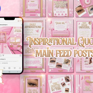 May include: A collage of pink and gold Instagram posts featuring inspirational quotes and images of butterflies. The text includes phrases such as "Daily Affirmations", "Dear Me", "Dear Universe", "The Only Way Is Up", "This Chapter Is Called My Turn", and "Unlock Your Potential".