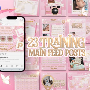 May include: A collage of pink and gold Instagram posts promoting a beauty training course. The text includes "23 Training Main Feed Posts", "Fast Track to Aesthetics", "Meet Your Trainer", "Training Course Price List", "All Learn in Aesthetics", "Where to Find Us", and "Brainings Earning".
