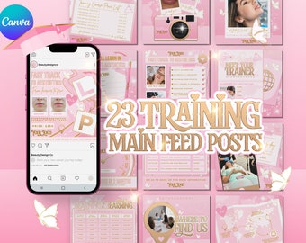 23 Beauty Training Academy Instagram Templates, Pink & Gold Canva Posts