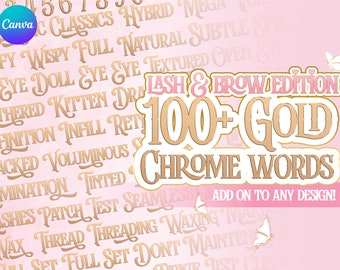 Palabras PNG en cromo dorado, edición tecnológica para pestañas y cejas (descarga digital)