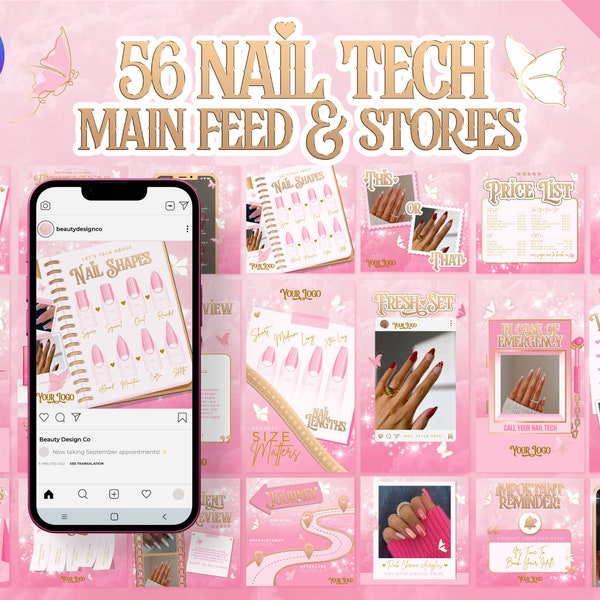 56 Ensemble de modèles Instagram pour techniciens en ongles. Messages Canva modifiables rose et or. Nail Artist, Salon de beauté, Flyers d'ongles de luxe, Papillons.