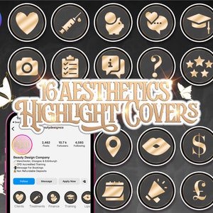 16 Ästhetik Highlight Covers für Instagram. Black & Gold Sparkle Luxus Beauty Story. Social Media Branding für Injektoren, Botox, Filler.