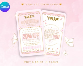 May include: Pink and gold thank you token cards with a butterfly design. The cards feature the text "A token of our appreciation" and "A little thank you for choosing us".