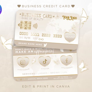 Business Kreditkarte Template, Beige & Gold. Beauty Visitenkarte, Loyalitäts-Kreditkarte. Aesthetics, Kosmetikerin, Lash Tech, Canva.