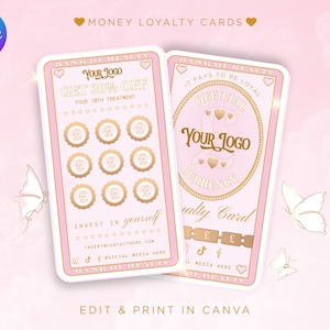 Kundentreue Karte Geld Themed Vorlage. Pink & Gold Beauty Treuekarte. Individualisierbar Auf Canva, Aesthetics, Kosmetikerin, Lash Tech, Haare, Nägel.