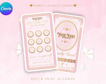 May include: Pink loyalty card with gold accents and a butterfly design. The card says "Bank of Beauty" and "It pays to be loyal." The card also has a space for a logo and a place to track points.