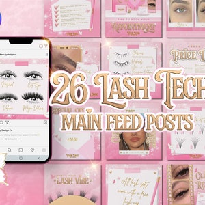 26 Lash Tech Instagram Post Templates, Lash Extensions, Pink, Gold, Sparkle Editable Canva Posts, Beauty, Luxury, Fairytale, Butterflies