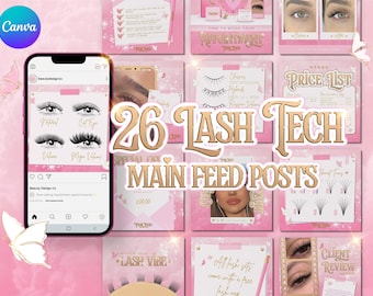 Lash Tech Instagram Post Templates, Pink Gold Sparkle Canva Posts