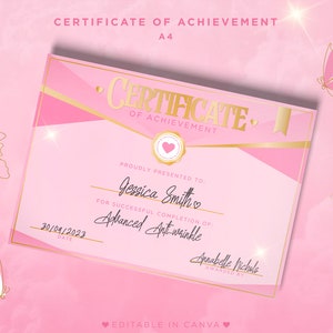 Zertifikat der Fertigstellung Rosa & Gold. Canva Vorlage für Beauty Brands, Aesthetics, Lash Tech, Trainingsakademie, Schönheitsschule, Friseur