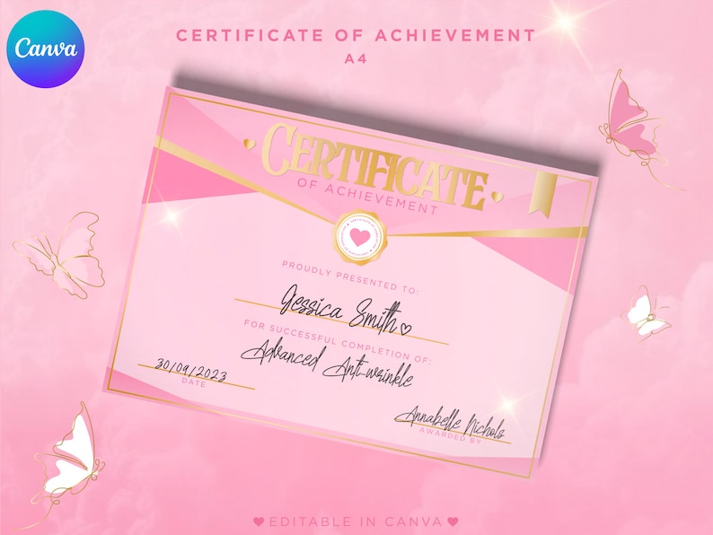 Certificate Of Completion Pink & Gold. Canva Template For Beauty Brands, Aesthetics, Lash Tech, Training Academy, Beauty School, Hairdresser
