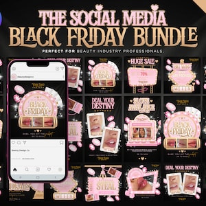 18 Black Friday Instagram Template Bundle. Pink & Black Customisable Canva For Beauty, Aesthetics, Lash Technician, Hair, Nails, Sale Flyer