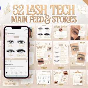 Könnte beinhalten: Eine Sammlung von 52 Social-Media-Grafiken für Wimperntechniker. Die Grafiken zeigen eine Vielzahl von Designs, darunter Wimpernstile, Kundenbewertungen, Sonderangebote und Terminerinnerungen. Die Grafiken sind in einem hellrosa und goldenen Farbschema mit Schmetterlingsakzenten gehalten.