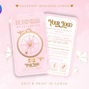 Modelo de passaporte de cartão de visita. Cartão de visita de beleza rosa e dourado. Personalizável em Canva, Estética, Esteticista, Lash Tech, Cabelo, Unhas.