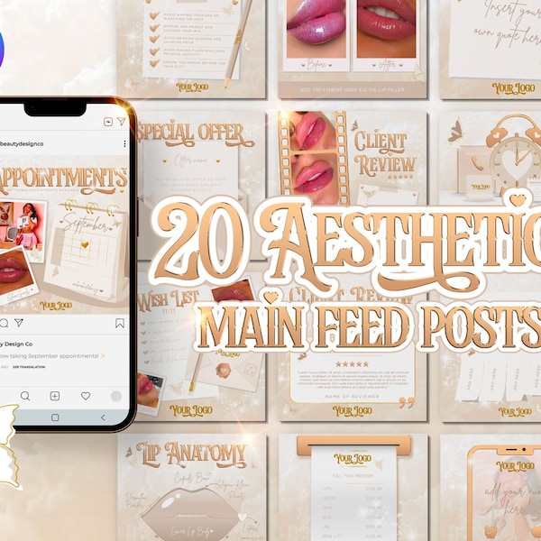 20 Aesthetics Instagram Templates, Injector Botox & Filler, Neutral, Gold, Editable Canva Posts, Beauty, Luxury, Fairytale, Butterflies