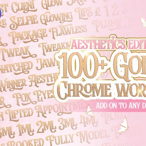 Puede incluir: Un fondo rosa con texto dorado que dice "100+ Gold Chrome Words" y "Aesthetics Edition". El texto está en una variedad de fuentes y tamaños. El texto incluye palabras como "selfie", "glow", "snatched", "winner", "lifted", "booked", "model", y "flawless".