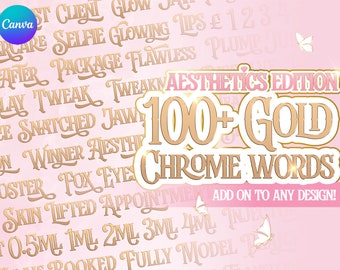 Palabras PNG en cromo dorado, edición estética (descarga digital)