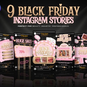 9 Black Friday Instagram Story Templates. Pink & Black Customisable Canva For Beauty, Aesthetics, Lash Technician, Hair, Nails, Sale Flyer