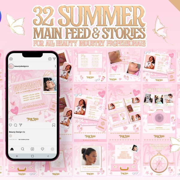 32 Summer Instagram Templates. DIY Canva Editable Posts, Pink & Gold For Beauty Aesthetics, Lash Technician, Hair, Nails, Sale Holiday Flyer