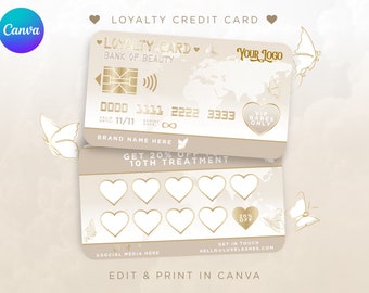 Beauty Loyalty Card Template, Beige & Gold, Customizable on Canva (Digital Download)