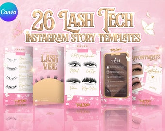 Lash Tech Instagram Story Templates, Pink Gold Sparkle Canva Posts (Digital Download)