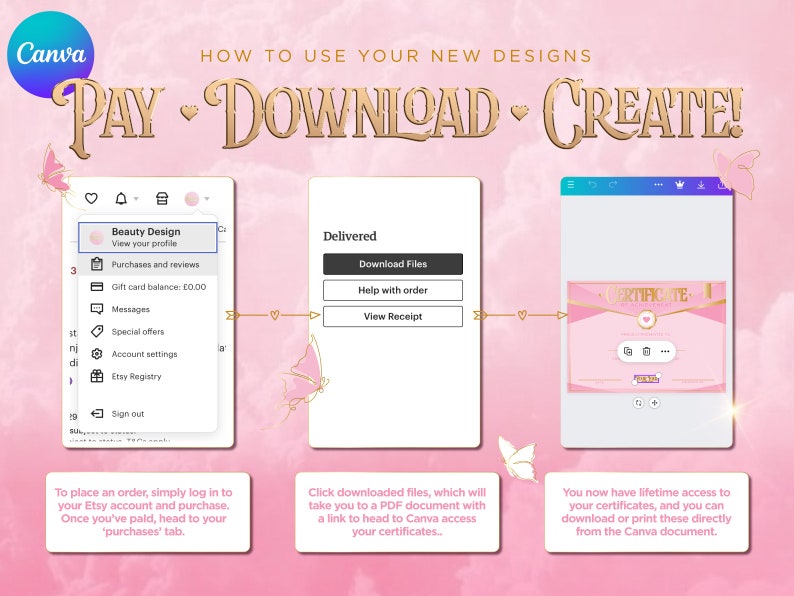 Certificate Of Completion Pink & Gold. Canva Template For Beauty Brands, Aesthetics, Lash Tech, Training Academy, Beauty School, Hairdresser