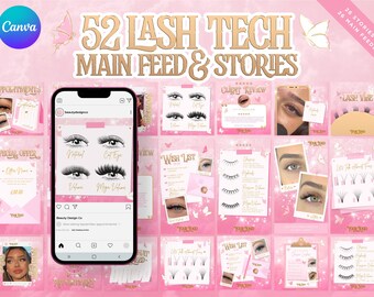 Lash Tech Instagram Templates, Pink & Gold Canva Social Media Pack (Digital Download)