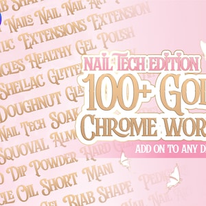 Puede incluir: Más de 100 palabras en cromo dorado para diseños de arte de uñas. Las palabras incluyen "acrílico", "extensiones", "shellac", "esmalte de gel", "técnica de uñas", "polvo para sumergir", "corto", "mani", "forma", y más. Agrega estas palabras a cualquier diseño de arte de uñas.