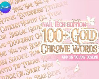 Más de 100 palabras PNG para decoración de uñas con cromo dorado, Canva para redes sociales (descarga digital)