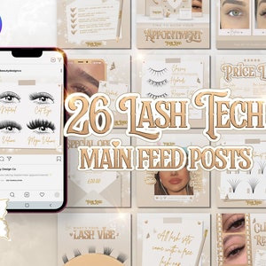 Könnte beinhalten: Eine Collage mit 26 Instagram-Post-Ideen für Wimperntechniker. Die Posts zeigen Bilder von verschiedenen Wimpernstilen, Preislisten, Kundenbewertungen und Sonderangeboten. Der Text "26 Lash Tech Main Feed Posts" ist in der Mitte der Collage zu sehen.