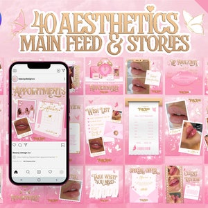 40 Aesthetics Instagram Bundle, For Injectors, Botox & Filler. Pink and Gold Editable Canva Templates. Luxury Beauty Fairytale Butterfly