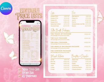 May include: A pink and white price list template with gold accents, featuring a smartphone displaying a price list. The text includes "Editable Price Lists" and various service prices. Includes butterfly graphics and the Canva logo.