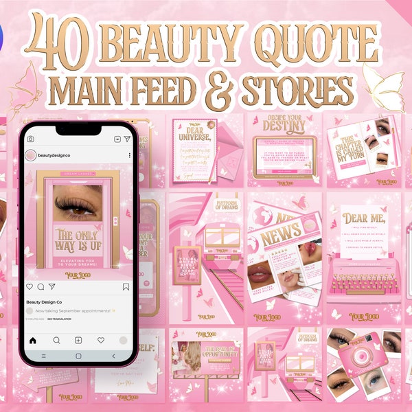 40 Beauty Quote Bundle For Instagram. Pink & Gold Luxury Editable Canva Templates For Beauty Professionals, Manifestation Inspire Positivity