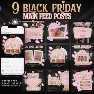 9 Black Friday Instagram Post Templates. Pink & Black Customisable Canva For Beauty, Aesthetics, Lash Technician, Hair, Nails, Sale Flyer