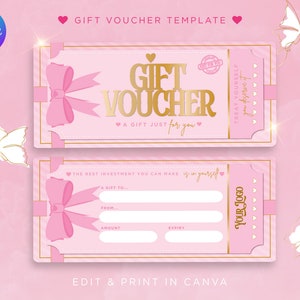 Plantilla de vale de regalo rosa. Tarjeta de regalo de belleza rosa y dorada. Personalizable en Canva, Estética, Esteticista, Lash Tech, Cabello, Uñas, Branding