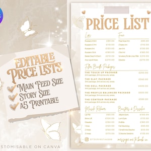 3-in-1 Price List Template. Instagram & Printable Beige and Gold Luxury Canva Template. Aesthetics, Lash Tech, Beauty, Cosmetics, Hair, Nail